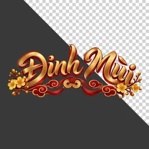 File PNG - Chữ Đinh Mùi 3D ngang hoa mai vàng lụa đỏ đồng tiền ngày Tết