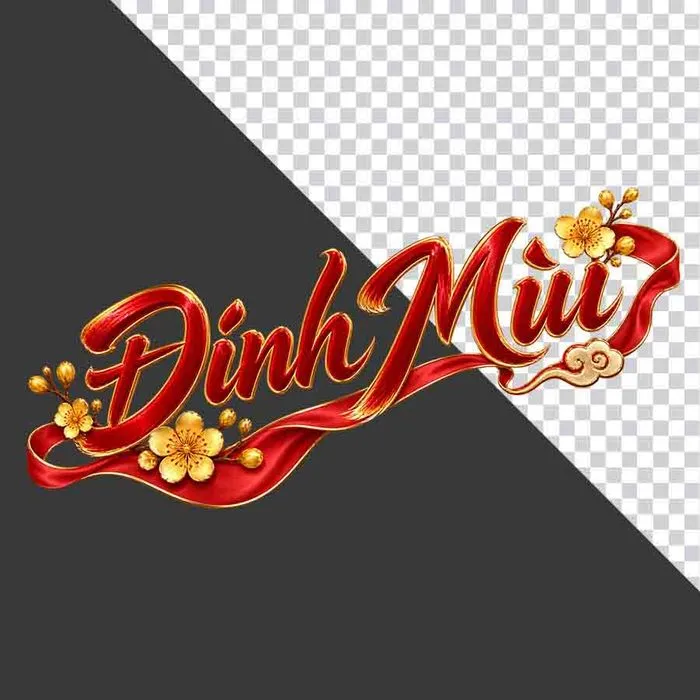 File PNG - Chữ Đinh Mùi 3D dải lụa đỏ hoa mai vàng nghiêng ngày Tết