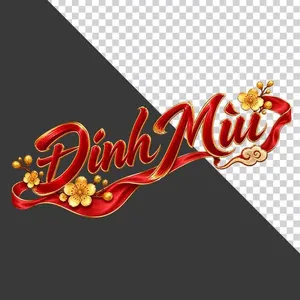 File PNG - Chữ Đinh Mùi 3D dải lụa đỏ hoa mai vàng nghiêng ngày Tết