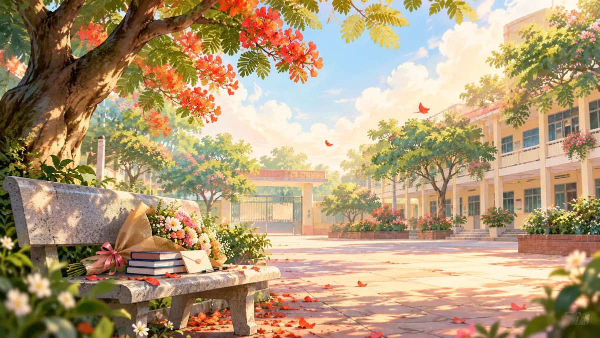 File JPG - Sân trường nắng mai hoa phượng ghế đá thư tay