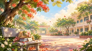 File JPG - Sân trường nắng mai hoa phượng ghế đá thư tay