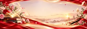 File JPG - Phông nền 20/11 sách vở hoa cẩm chướng lụa đỏ trường học mờ sương