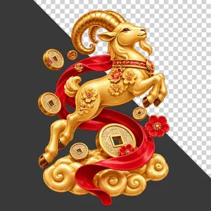 Tượng dê vàng phi nước đại dải lụa đỏ tiền xu - File PNG