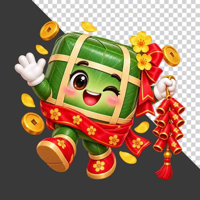 File PNG - Nhân vật hoạt hình bánh chưng tay cầm chuỗi pháo đỏ tiền vàng và hoa mai