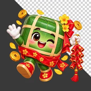 File PNG - Nhân vật hoạt hình bánh chưng tay cầm chuỗi pháo đỏ tiền vàng và hoa mai