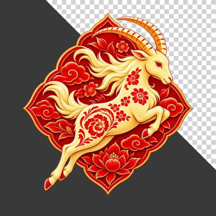 File PNG - Hình ảnh chú dê vàng bay lượn trang trí Tết hoa văn truyền thống
