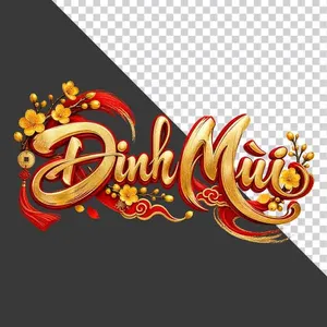 Chữ Đinh Mùi 3D phong cách thư pháp vàng kim lụa đỏ hoa mai ngày Tết  - File PNG