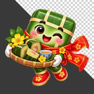 Nhân vật hoạt hình bánh chưng bưng mẹt bánh tét cắt miếng ấm trà và hoa mai - File PNG