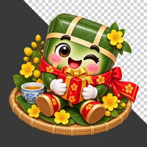 File PNG - Bánh chưng ngồi mâm tre ôm hộp quà đỏ rực rỡ và chén trà hoa mai ngày Tết