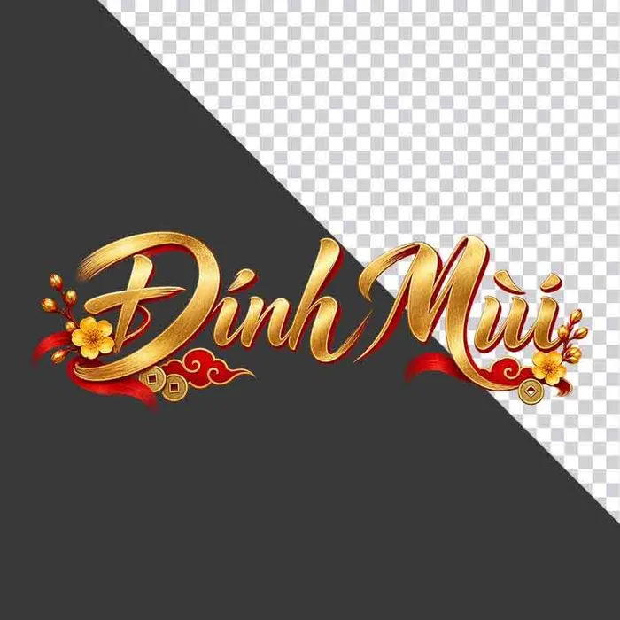 Chữ Đinh Mùi 3D ngang hoa mai vàng lụa đỏ đồng tiền ngày Tết -FIle PNG