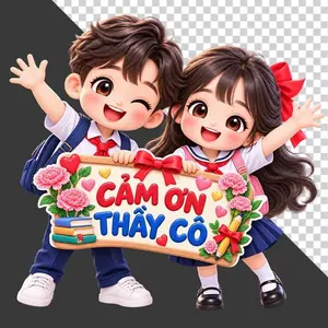 Hai học sinh hoạt hình cầm bảng Cảm Ơn Thầy Cô chào mừng 20/11 - PNG