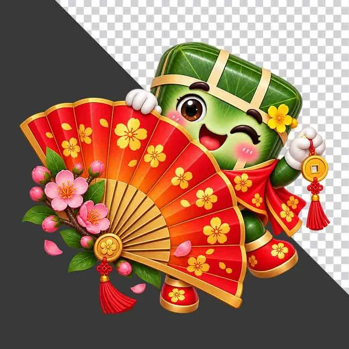 File PNG - Bánh chưng ẩn sau quạt giấy đỏ trang trí hoa đào hoa mai ngày Tết