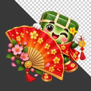File PNG - Bánh chưng ẩn sau quạt giấy đỏ trang trí hoa đào hoa mai ngày Tết