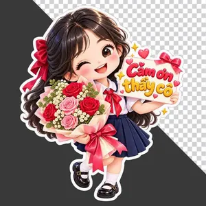 Nữ sinh ôm hoa hồng và giơ bảng Cảm ơn thầy cô chào mừng 20/11 - PNG