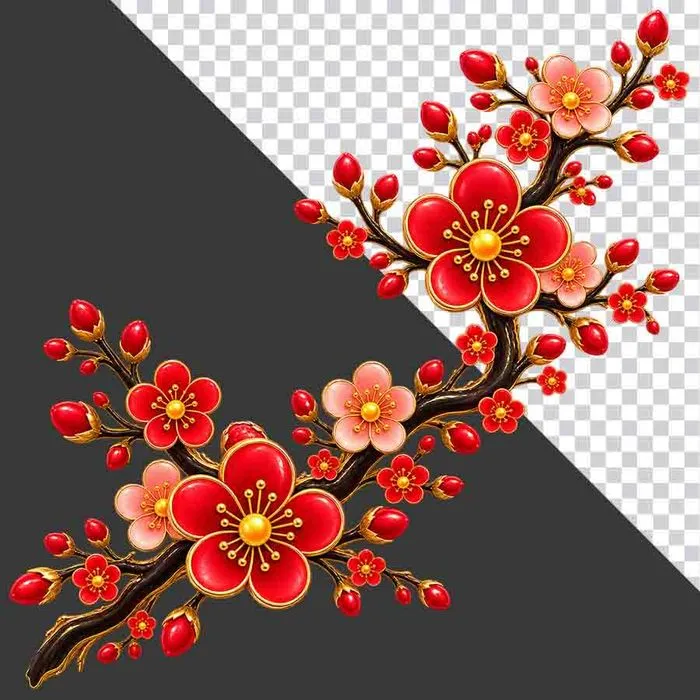 File PNG - Cành hoa đào đỏ hồng chéo vươn xa