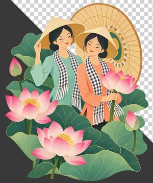 Hai thiếu nữ mặc áo bà ba xanh cam khăn rằn đội nón lá bên đầm sen hồng - PNG