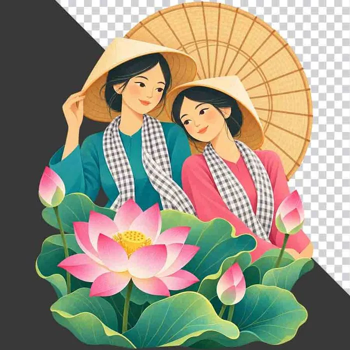 Hai thiếu nữ mặc áo bà ba xanh hồng khăn rằn đội nón lá bên đầm sen hồng - PNG