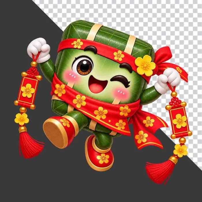 File PNG - Bánh chưng cầm hai câu đối đỏ trang trí hoa mai tài lộc ngày Tết