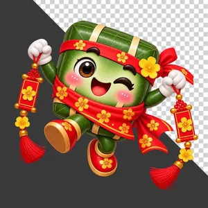 File PNG - Bánh chưng cầm hai câu đối đỏ trang trí hoa mai tài lộc ngày Tết