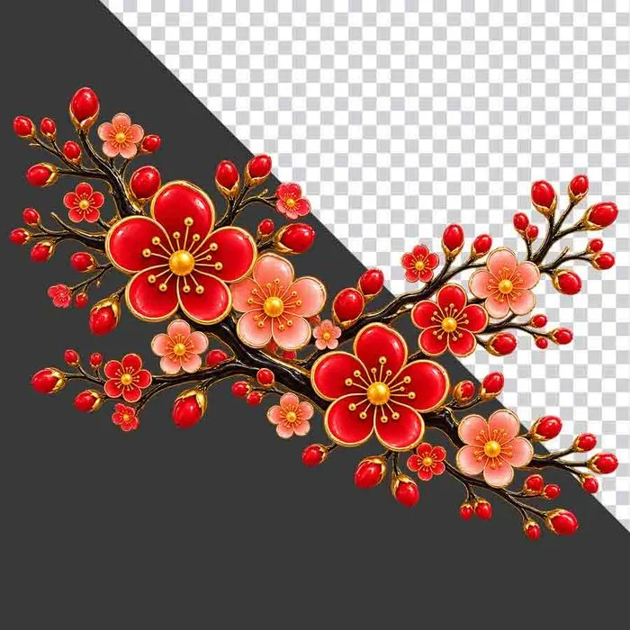 Cành hoa đào đỏ hồng trải ngang cân đối - File PNG