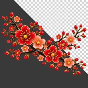 Cành hoa đào đỏ hồng trải ngang cân đối - File PNG