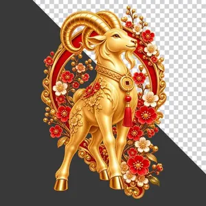 Tượng dê vàng đứng trong khung hoa mai đào đỏ - File PNG