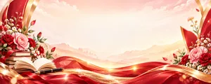 File JPG - Phông nền 20/11 sách mở hoa cẩm chướng lụa đỏ phong cảnh