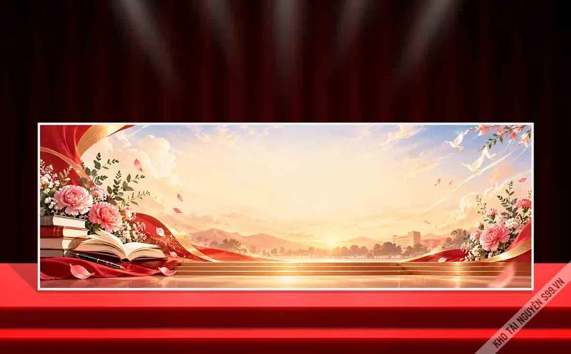 Backdrop sân khấu khai giảng bục đỏ hoa hồng sách - File jPG