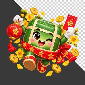 File PNG - Nhân vật hoạt hình bánh chưng cầm đèn lồng và lì xì đỏ tiền vàng hoa mai