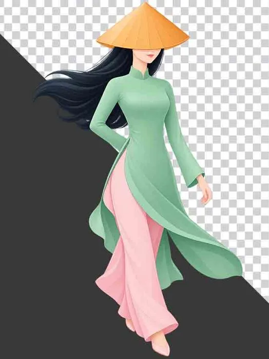 File PNG - Thiếu nữ mặc áo dài xanh bạc hà đội nón lá tóc dài bay trong gió