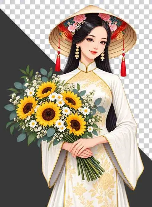 Thiếu nữ mặc cổ phục trắng đội nón lá ôm bó hoa hướng dương và hoa cúc trắng - File PNG