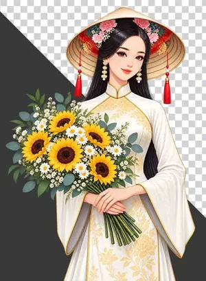 Thiếu nữ mặc cổ phục trắng đội nón lá ôm bó hoa hướng dương và hoa cúc trắng - File PNG
