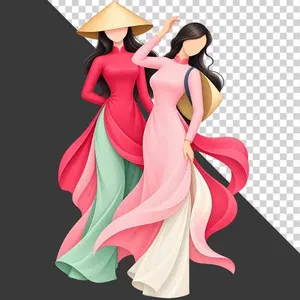 File PNG - Hai thiếu nữ mặc áo dài đỏ hồng đội nón lá