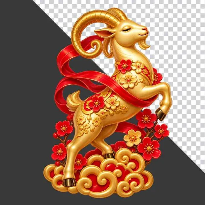 Tượng dê vàng nhắm mắt dải lụa đỏ hoa đào- File PNG