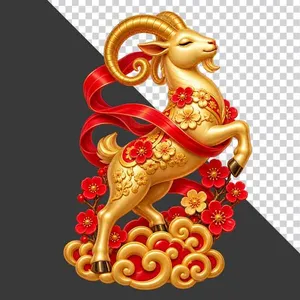 Tượng dê vàng nhắm mắt dải lụa đỏ hoa đào- File PNG