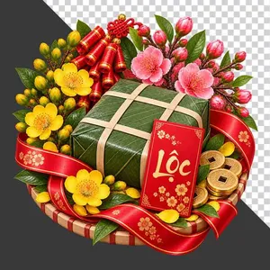 Mẹt bánh chưng hoa mai hoa đào bao lì xì Lộc tiền cổ và pháo đỏ - File PNG