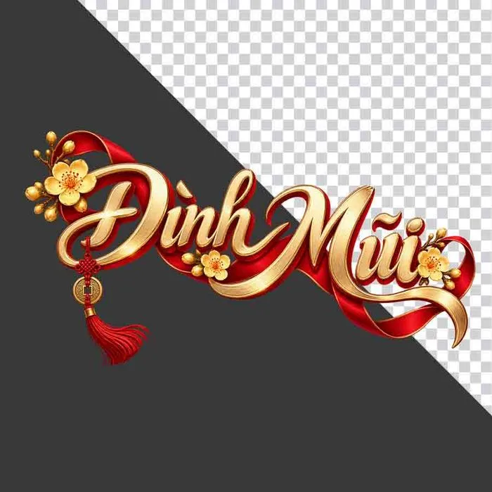 Chữ Đinh Mùi 3D chéo dải lụa đỏ hoa mai vàng đồng tiền ngày Tết - File PNG
