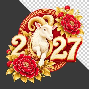 Hình ảnh chú dê trắng bên chữ số 2027 hoa mẫu đơn đỏ - File PNG