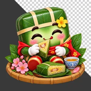 File PNG - Bánh chưng ôm bó hoa đào hồng thắt nơ đỏ mừng xuân