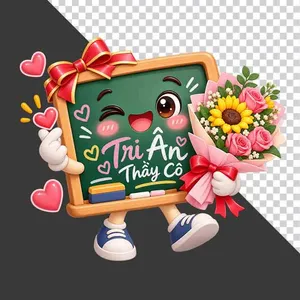 Bảng đen hoạt hình dễ thương có chữ Tri Ân Thầy Cô ôm bó hoa 20/11  - PNG