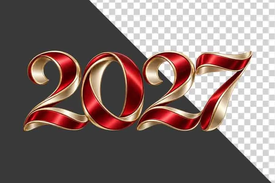 Số 2027 3D ruy băng viền vàng đỏ uốn lượn nghệ thuật ngày Tết - File PNG