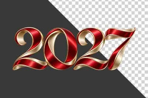 Số 2027 3D ruy băng viền vàng đỏ uốn lượn nghệ thuật ngày Tết - File PNG