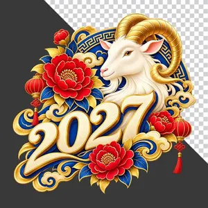 Hình ảnh đầu dê trắng và chữ số 2027 xanh vàng lồng đèn - File PNG