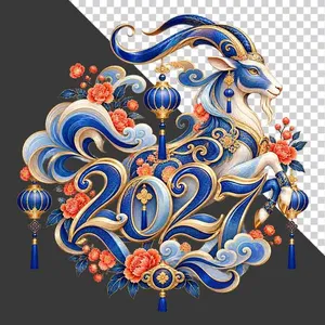 Hình ảnh chú dê xanh dương và chữ số 2027 lồng đèn xanh hoa cam - File PNG