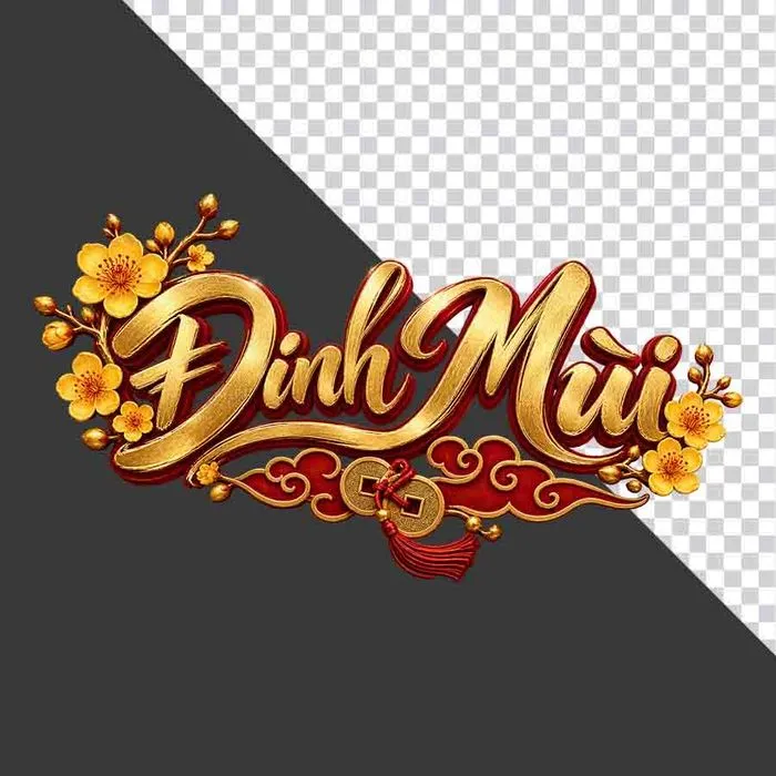 Chữ Đinh Mùi 3D ngang hoa mai vàng mây đỏ đồng tiền ngày Tết - File PNG