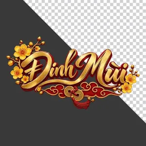 Chữ Đinh Mùi 3D ngang hoa mai vàng mây đỏ đồng tiền ngày Tết - File PNG