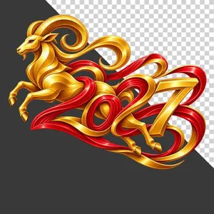 Mô hình chú dê vàng kết hợp chữ số 2027 dải lụa đỏ nghệ thuật - File PNG
