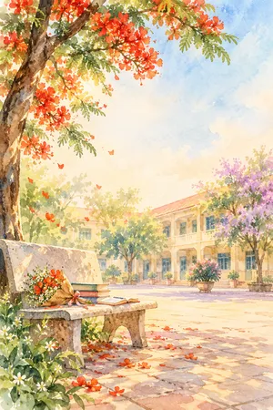 File JPG - Sân trường hoa phượng đỏ ghế đá