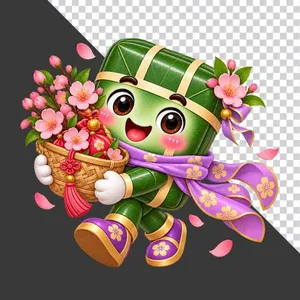 File PNG - Nhân vật hoạt hình bánh chưng bưng giỏ hoa đào hồng rực rỡ khăn tím mùa xuân