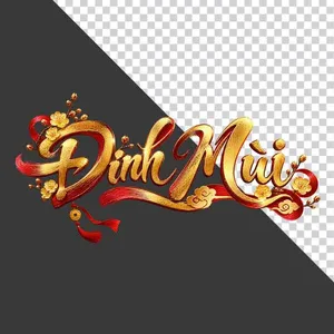 Chữ Đinh Mùi 3D ngang hoa mai vàng lụa đỏ đồng tiền ngày Tết - File PNG